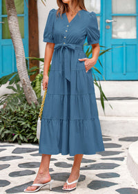 Casual Short Sleeved V-Neck Button Up Lace Up Dress