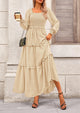 Long Sleeve Smocked Casual Square Neck Swiss Dot Tiered Ruffle Maxi Dresses