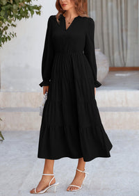 Long Sleeve V Neck Tiered Ruffle Flowy A Line Maxi Dresses