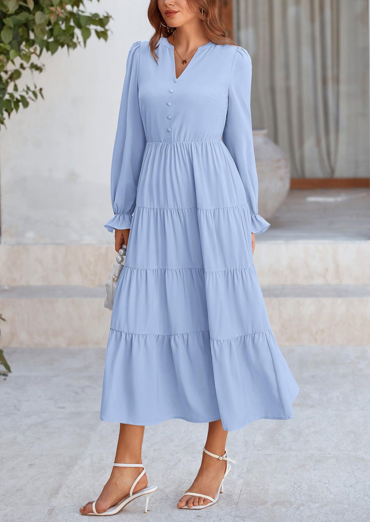 Long Sleeve V Neck Tiered Ruffle Flowy A Line Maxi Dresses