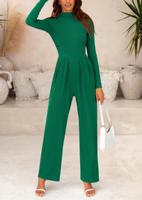 Casual Long Sleeve Mock Neck Wide Leg Jumpsuits