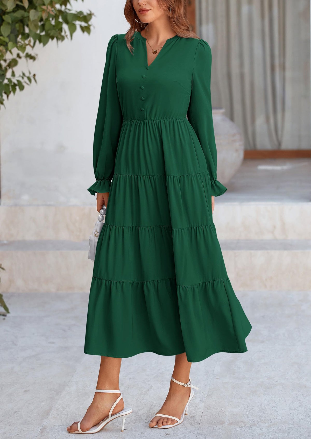 Long Sleeve V Neck Tiered Ruffle Flowy A Line Maxi Dresses