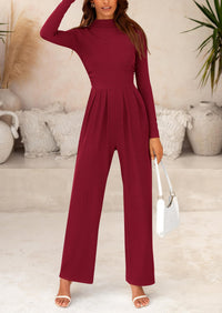 Casual Long Sleeve Mock Neck Wide Leg Jumpsuits