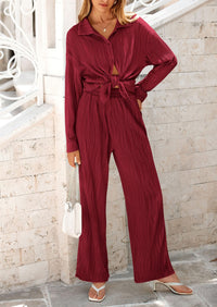 Casual Textured Button Down Shirt Wide Leg Pants Loungewear 2 Piece Sets