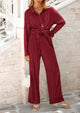 Casual Textured Button Down Shirt Wide Leg Pants Loungewear 2 Piece Sets