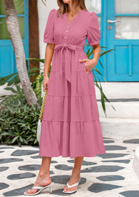 Casual Short Sleeved V-Neck Button Up Lace Up Dress