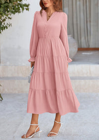 Long Sleeve V Neck Tiered Ruffle Flowy A Line Maxi Dresses