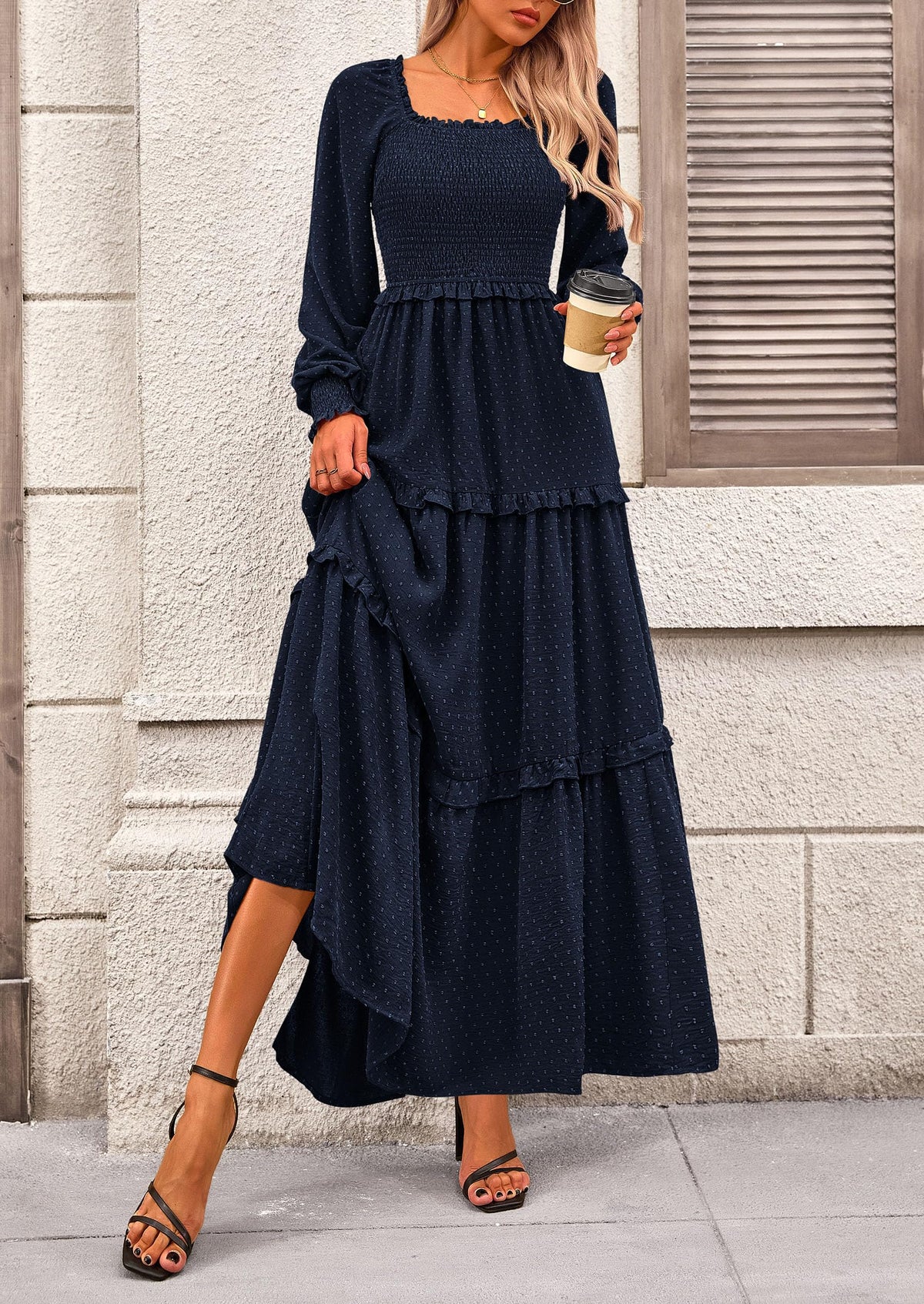 Long Sleeve Smocked Casual Square Neck Swiss Dot Tiered Ruffle Maxi Dresses