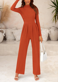 Casual Long Sleeve Mock Neck Wide Leg Jumpsuits