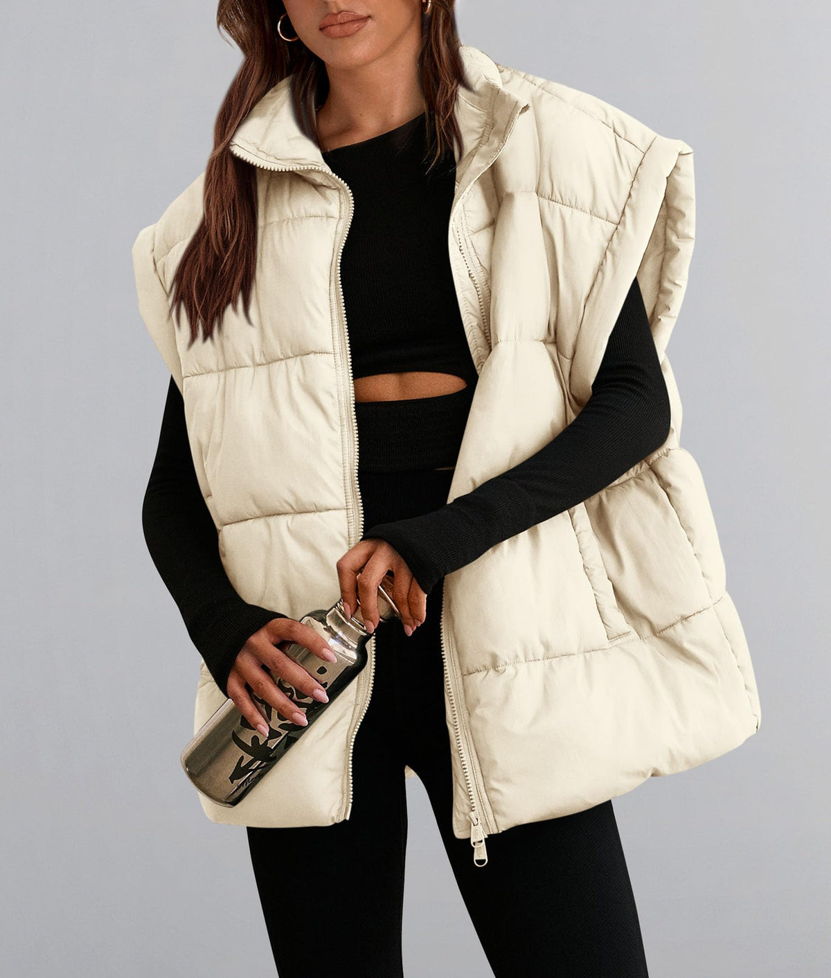 Casual Stand Collar Lightweight Sleeveless Zip Up Padded Coats