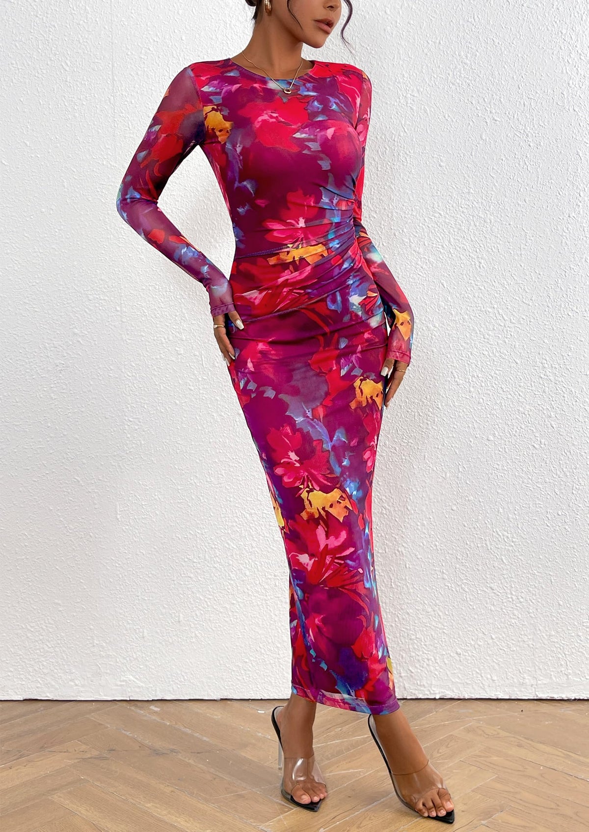 Floral Print Long Sleeve Tight Fitted Ruched Bodycon Maxi Dresses
