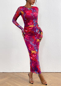 Floral Print Long Sleeve Tight Fitted Ruched Bodycon Maxi Dresses