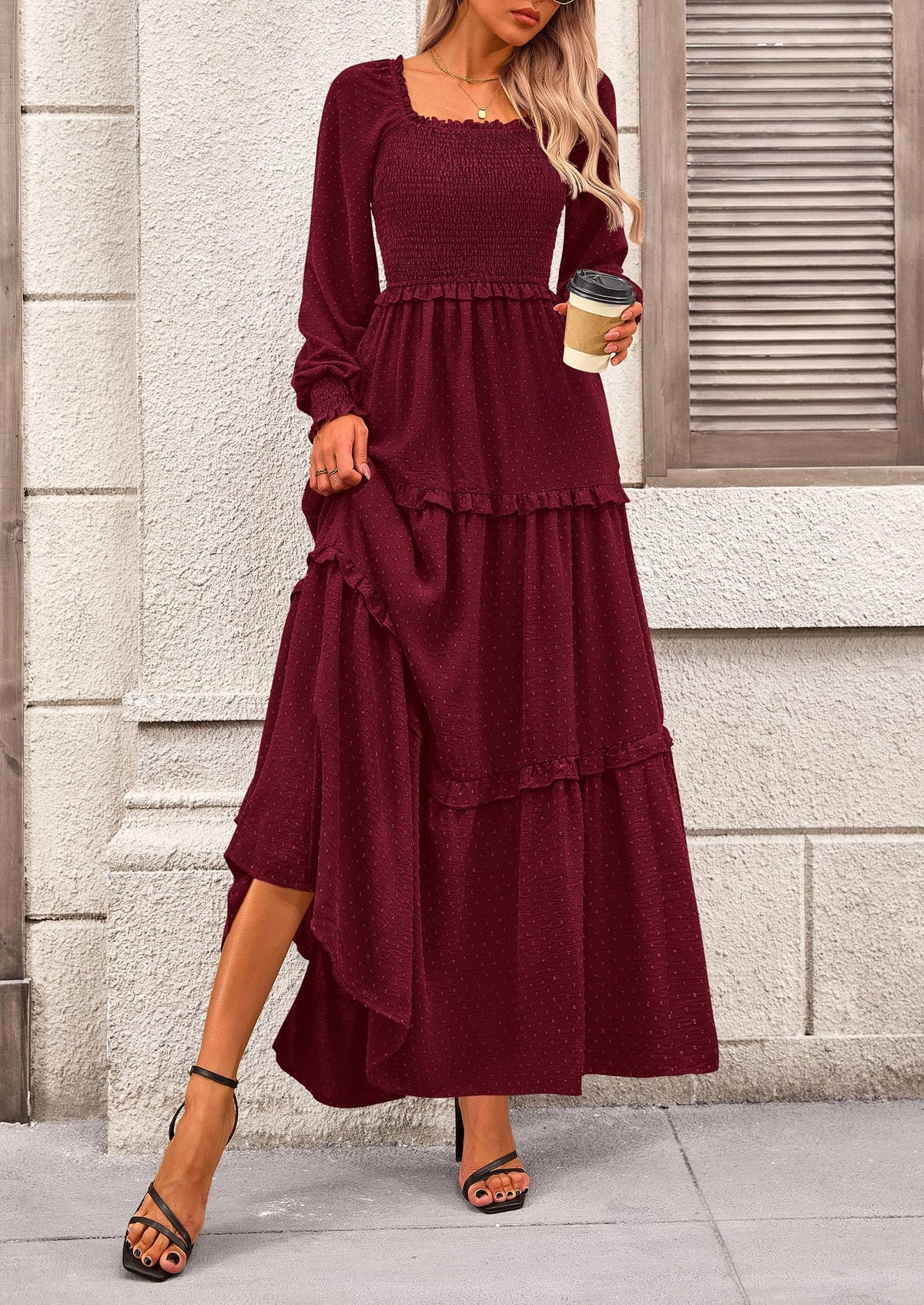 Long Sleeve Smocked Casual Square Neck Swiss Dot Tiered Ruffle Maxi Dresses