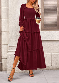 Long Sleeve Smocked Casual Square Neck Swiss Dot Tiered Ruffle Maxi Dresses