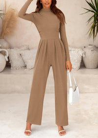 Casual Long Sleeve Mock Neck Wide Leg Jumpsuits