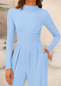 Casual Long Sleeve Mock Neck Wide Leg Jumpsuits