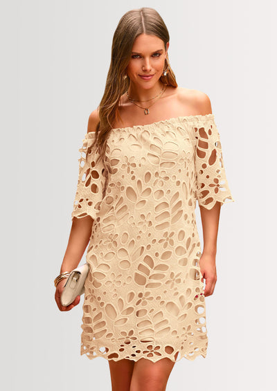 PRETTYGARDEN Women's Summer Off Shoulder Dresses Floral Lace Flare Short Sleeve Spring Vintage Elegant Mini Dress