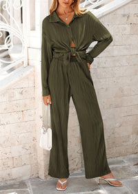 Casual Textured Button Down Shirt Wide Leg Pants Loungewear 2 Piece Sets