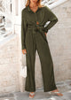Casual Textured Button Down Shirt Wide Leg Pants Loungewear 2 Piece Sets
