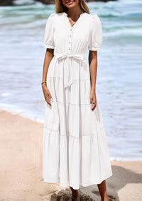 Casual Short Sleeved V-Neck Button Up Lace Up Dress