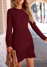 Ruched Bodycon Long Puff Sleeve Ruffle Fitted Mini Dress