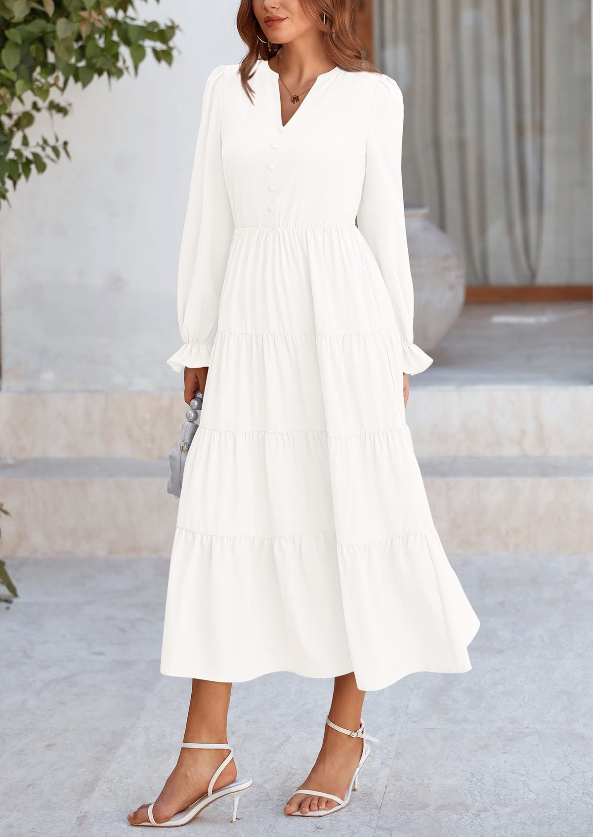 Long Sleeve V Neck Tiered Ruffle Flowy A Line Maxi Dresses