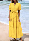 PRETTYGARDEN Casual V Neck Button Belted Ruffle A Line Flowy Tied Midi Dress
