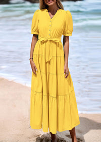 Casual Short Sleeved V-Neck Button Up Lace Up Dress