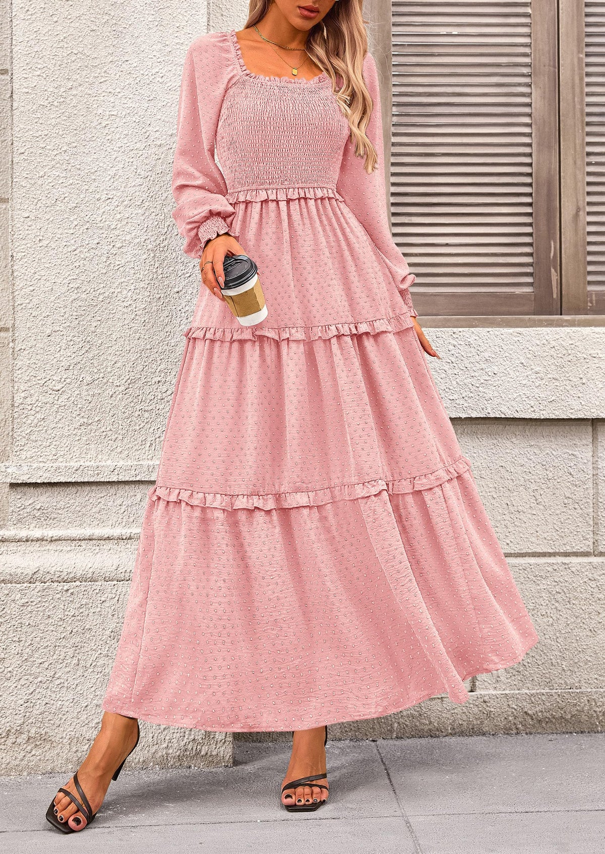 Long Sleeve Smocked Casual Square Neck Swiss Dot Tiered Ruffle Maxi Dresses