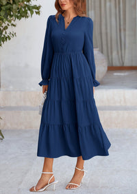 Long Sleeve V Neck Tiered Ruffle Flowy A Line Maxi Dresses