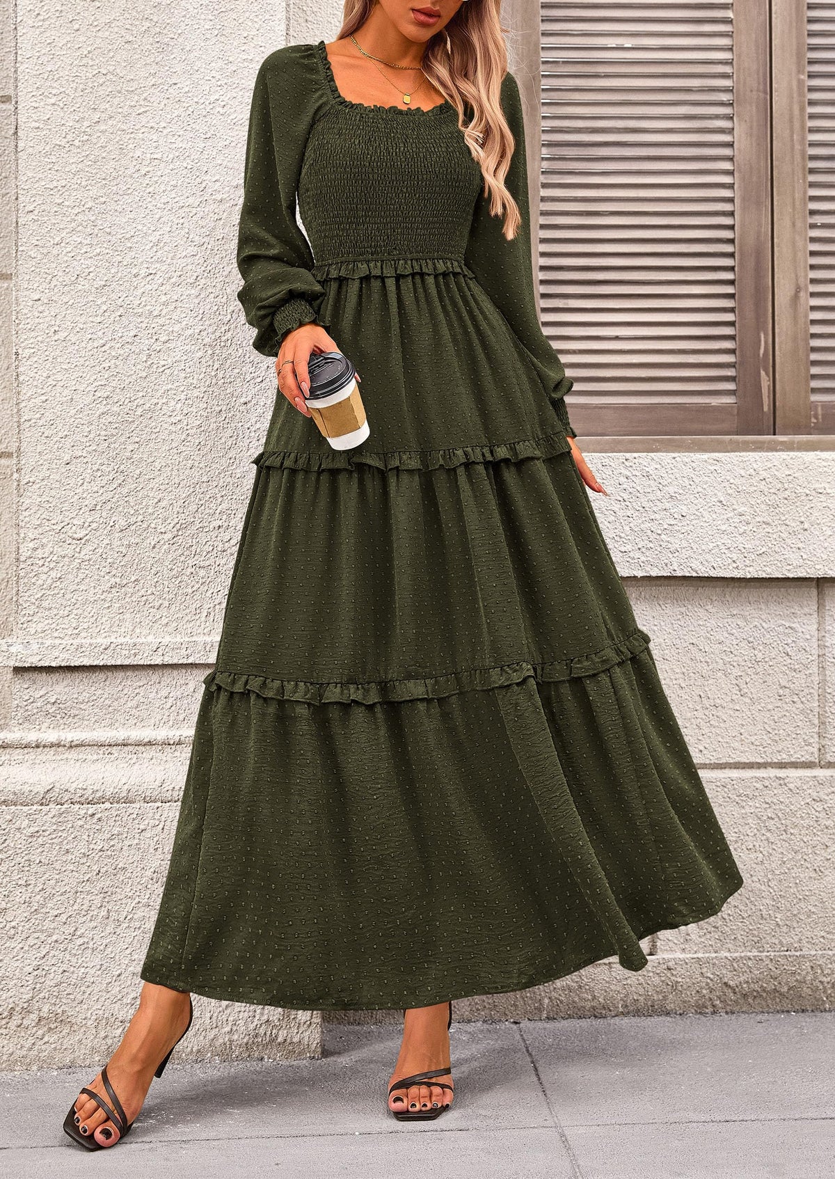 Long Sleeve Smocked Casual Square Neck Swiss Dot Tiered Ruffle Maxi Dresses