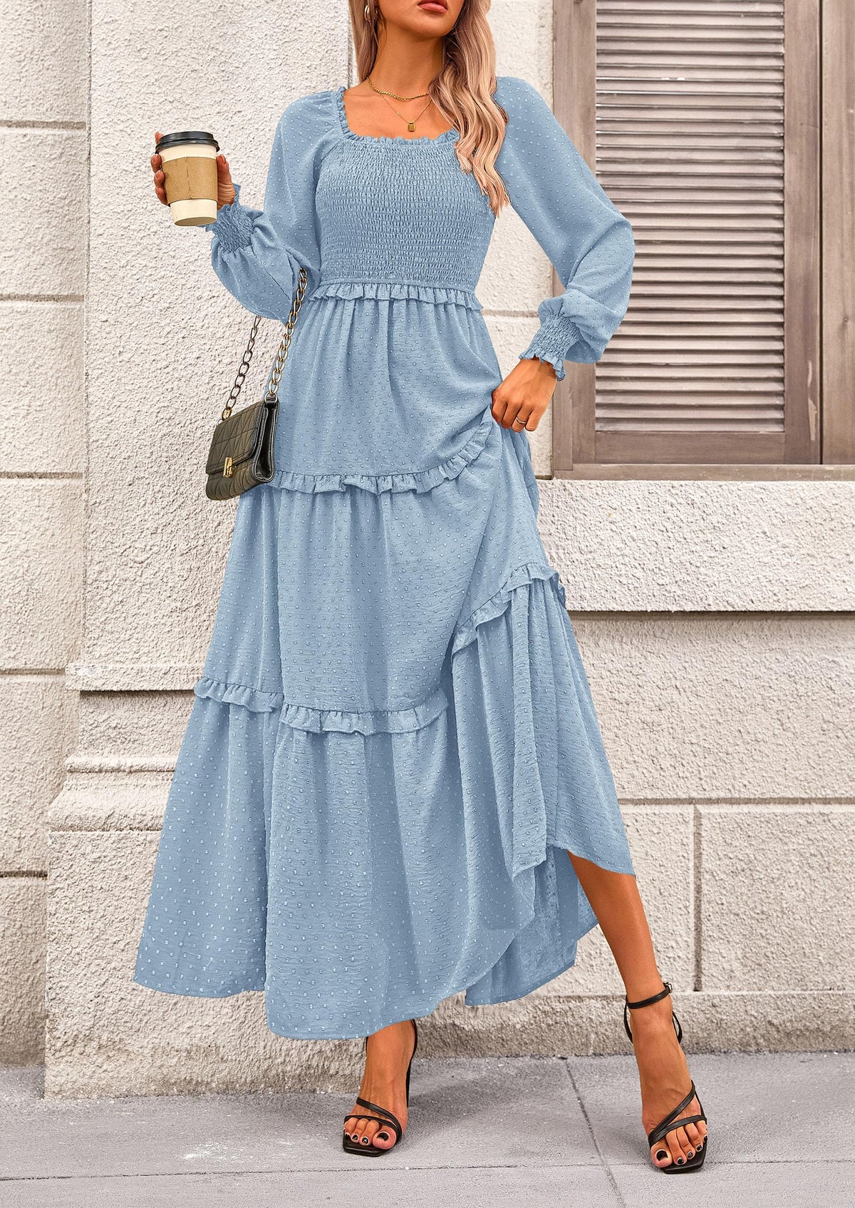 Long Sleeve Smocked Casual Square Neck Swiss Dot Tiered Ruffle Maxi Dresses