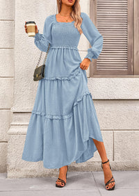 Long Sleeve Smocked Casual Square Neck Swiss Dot Tiered Ruffle Maxi Dresses