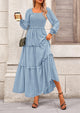 Long Sleeve Smocked Casual Square Neck Swiss Dot Tiered Ruffle Maxi Dresses