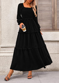 Long Sleeve Smocked Casual Square Neck Swiss Dot Tiered Ruffle Maxi Dresses