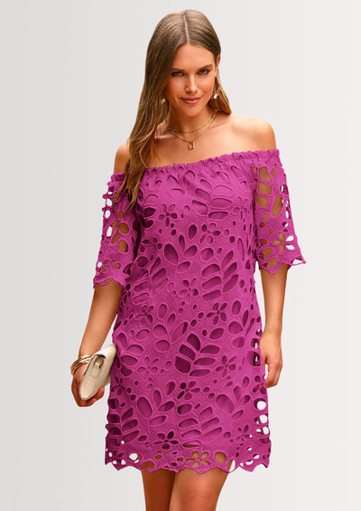 PRETTYGARDEN Women's Summer Off Shoulder Dresses Floral Lace Flare Short Sleeve Spring Vintage Elegant Mini Dress