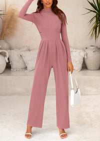Casual Long Sleeve Mock Neck Wide Leg Jumpsuits