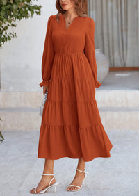 Long Sleeve V Neck Tiered Ruffle Flowy A Line Maxi Dresses