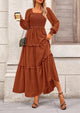 Long Sleeve Smocked Casual Square Neck Swiss Dot Tiered Ruffle Maxi Dresses