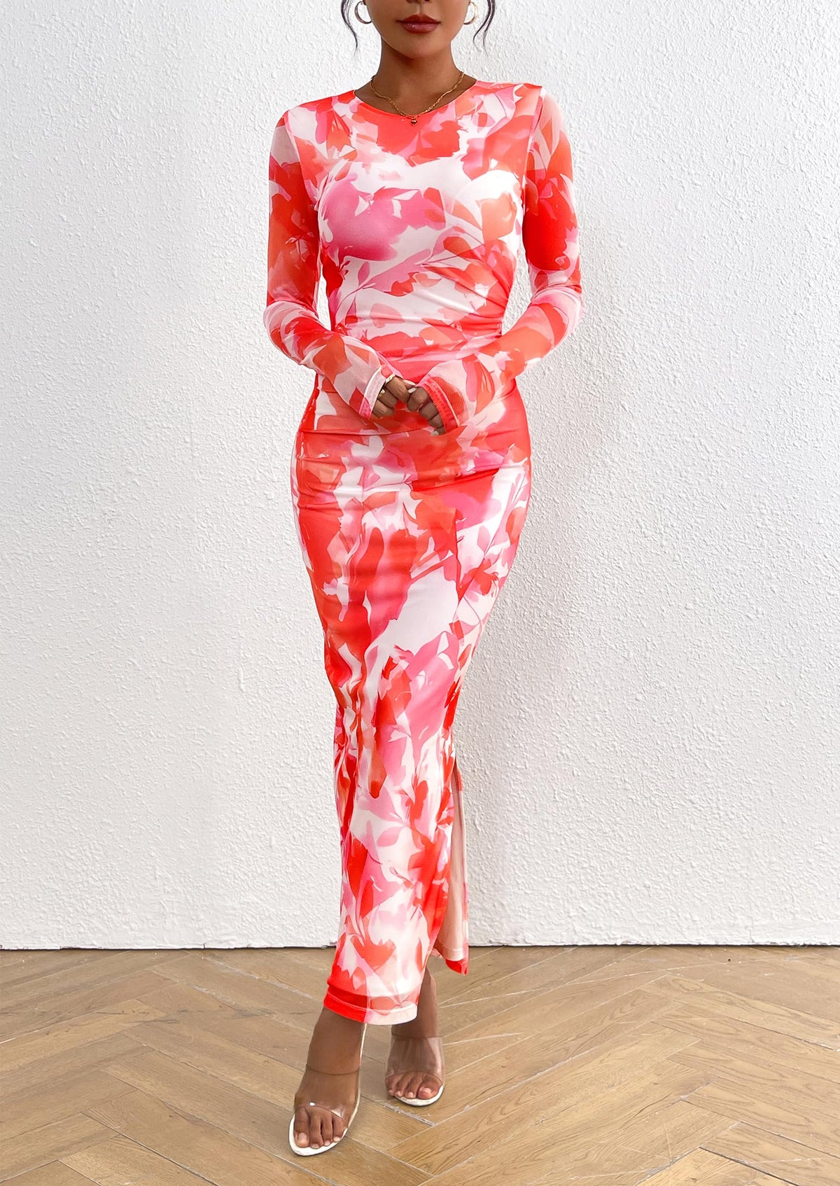 Floral Print Long Sleeve Tight Fitted Ruched Bodycon Maxi Dresses