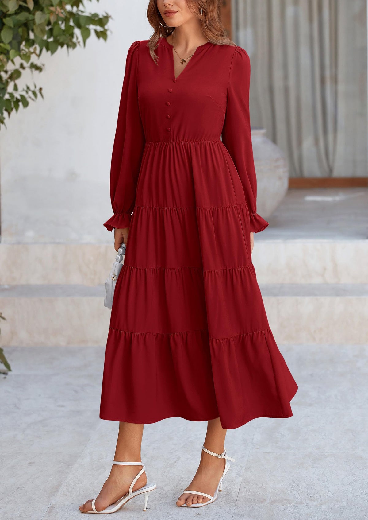 Long Sleeve V Neck Tiered Ruffle Flowy A Line Maxi Dresses