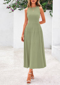 Sleeveless Crew Neck Knit A Line Pleated Swing Wedding Guest Casual Midi Dresses