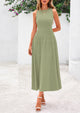 Sleeveless Crew Neck Knit A Line Pleated Swing Wedding Guest Casual Midi Dresses