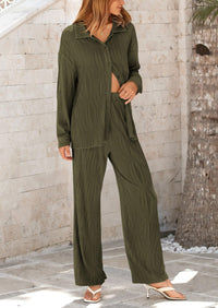 Casual Textured Button Down Shirt Wide Leg Pants Loungewear 2 Piece Sets