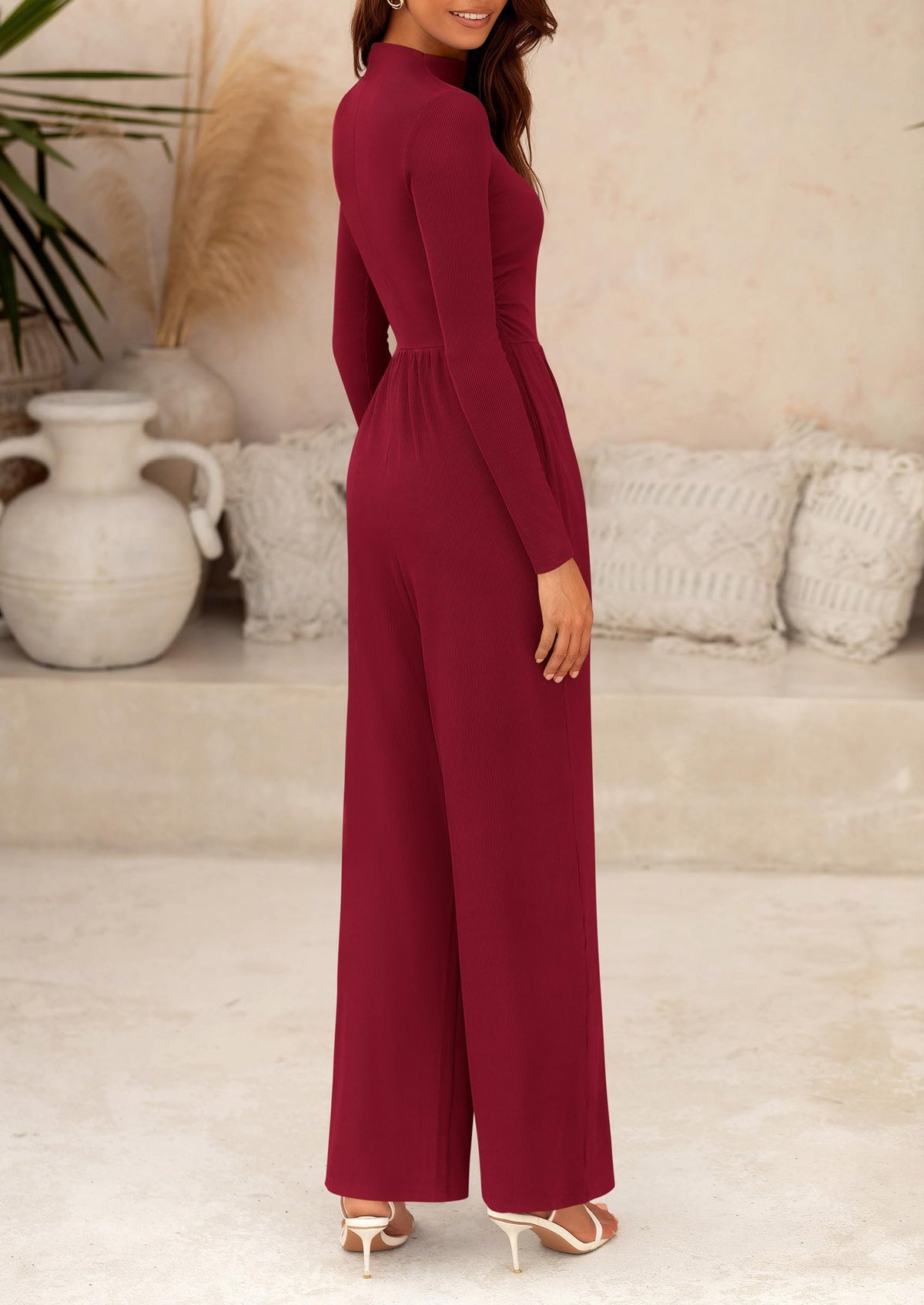 Casual Long Sleeve Mock Neck Wide Leg Jumpsuits