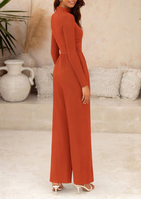 Casual Long Sleeve Mock Neck Wide Leg Jumpsuits