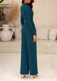 Casual Long Sleeve Mock Neck Wide Leg Jumpsuits
