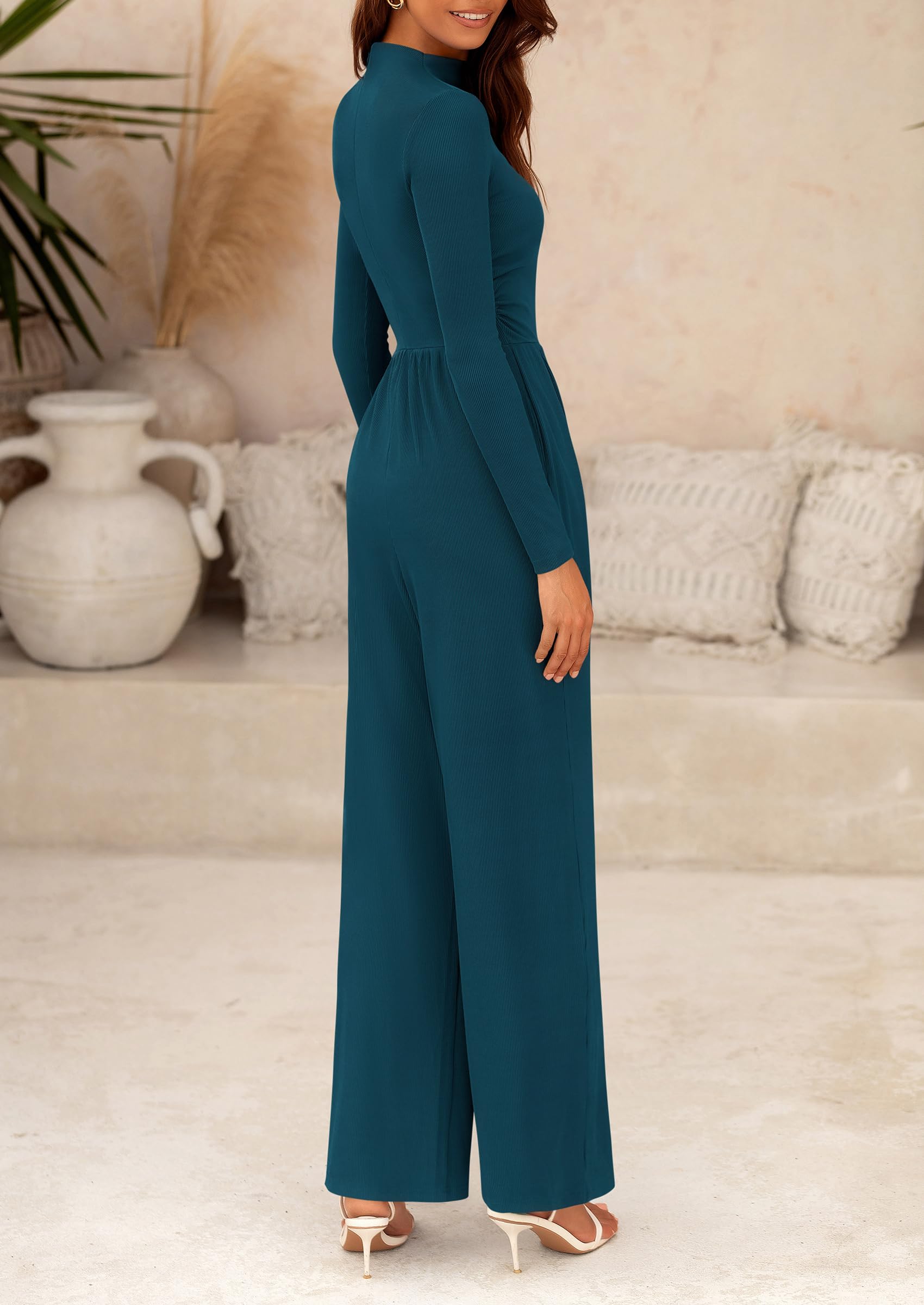 PRETTYGARDEN Dressy Casual Fashion Outfits Long Sleeve Mock Neck Wide Leg Pants Rompers