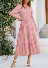 Long Sleeve V Neck Tiered Ruffle Flowy A Line Maxi Dresses