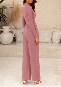 Casual Long Sleeve Mock Neck Wide Leg Jumpsuits